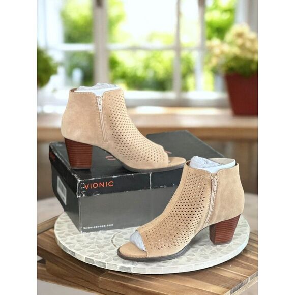 Vionic Aloft Chryssa Orthotic Booties Women’s 9.5 Peep Toe Block Heel Shoes - Picture 9 of 13